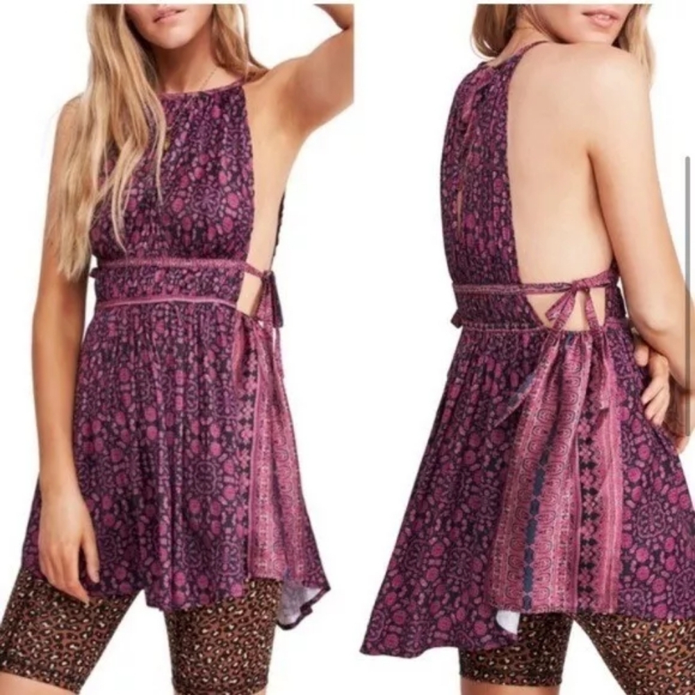 Free People Summers Day Tunic Dress Black Combo Silky Florl Print